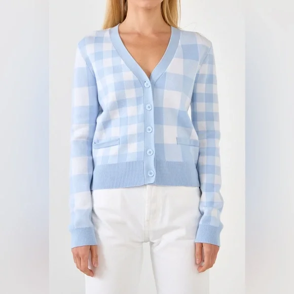 English Factory 🩵 Gingham Knit Cardigan in Powder Blue 🤍 size Medium - Picture 5 of 7